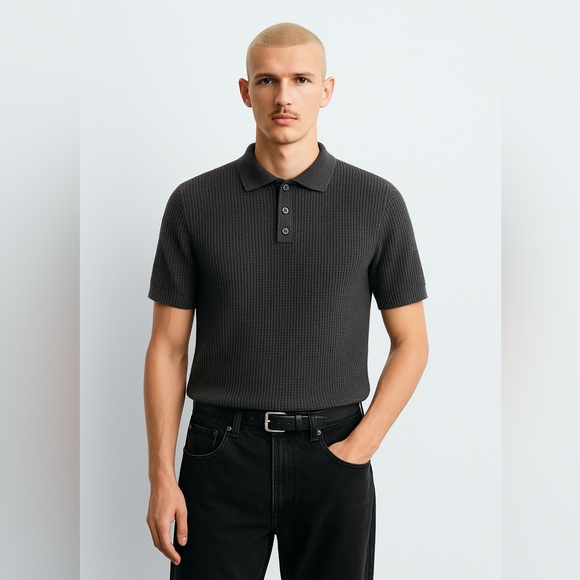 Garment-Dyed Knit Polo Shirt – Men’s Medium - Black - Picture 4 of 4